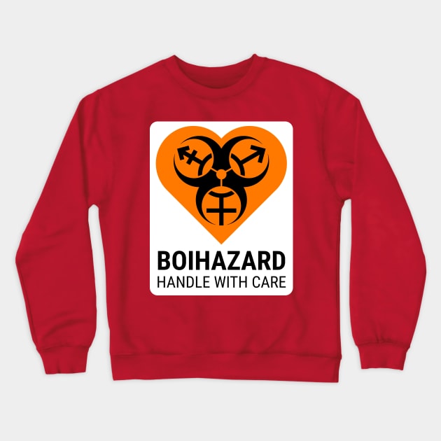 "BOI HAZARD/handle with care" Heart - Label Style - Orange Crewneck Sweatshirt by GenderConcepts